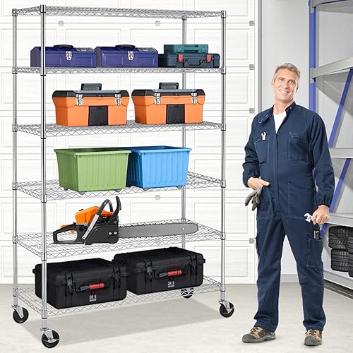 BLKMTY Estantería de alambre de 6 niveles, estantes de almacenamiento ajustables, estante de metal con ruedas, estante de alambre para garaje,