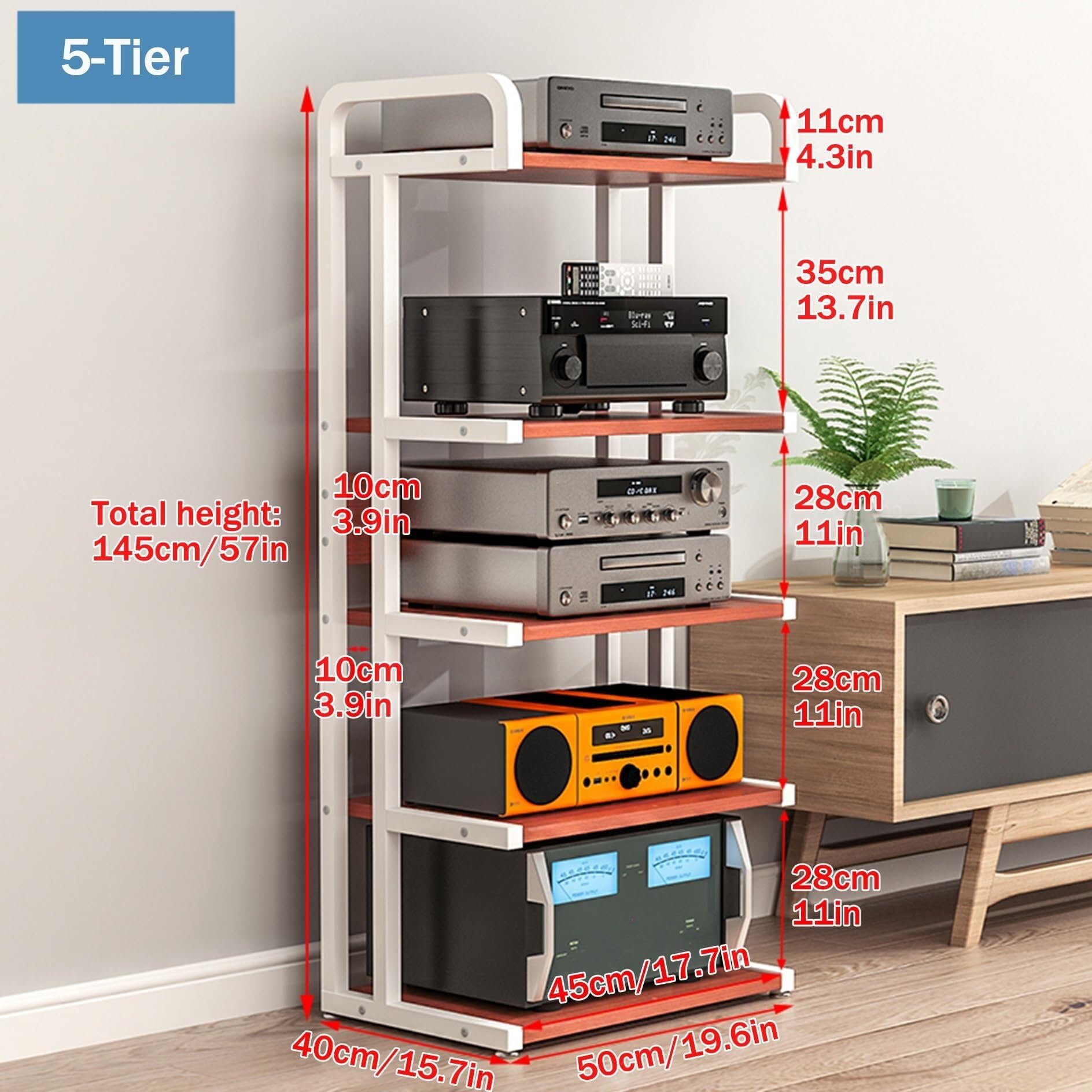 HiFi-Regal, AV-Regal, 3/4/5 Etagen, Multimedia-Aufbewahrungsschrank für Zuhause, Büro, Geschäft und Theater, stilvolle HiFi-Stereo-Einheit in Schwarz und Teakholz, 50 x 40 x 145 cm