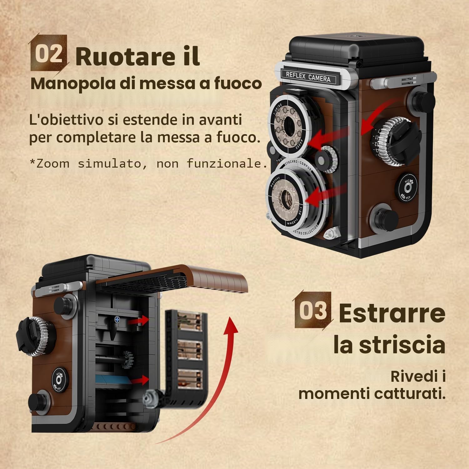 PANTASY Set di mattoncini retrò per costruzione di fotocamera per adulti, modello classico di fotocamera a doppia lente reflex con funzioni interattive, fotocamera vintage modello da collezione come
