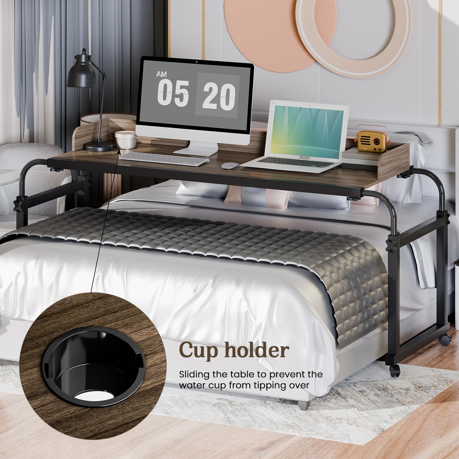 Table de lit 40 cm avec déflecteurs, porte-gobelet, longueur réglable en hauteur, king size, table de lit pour ordinateur portable, avec roues à 360 degrés, 120 cm - gihusrzx