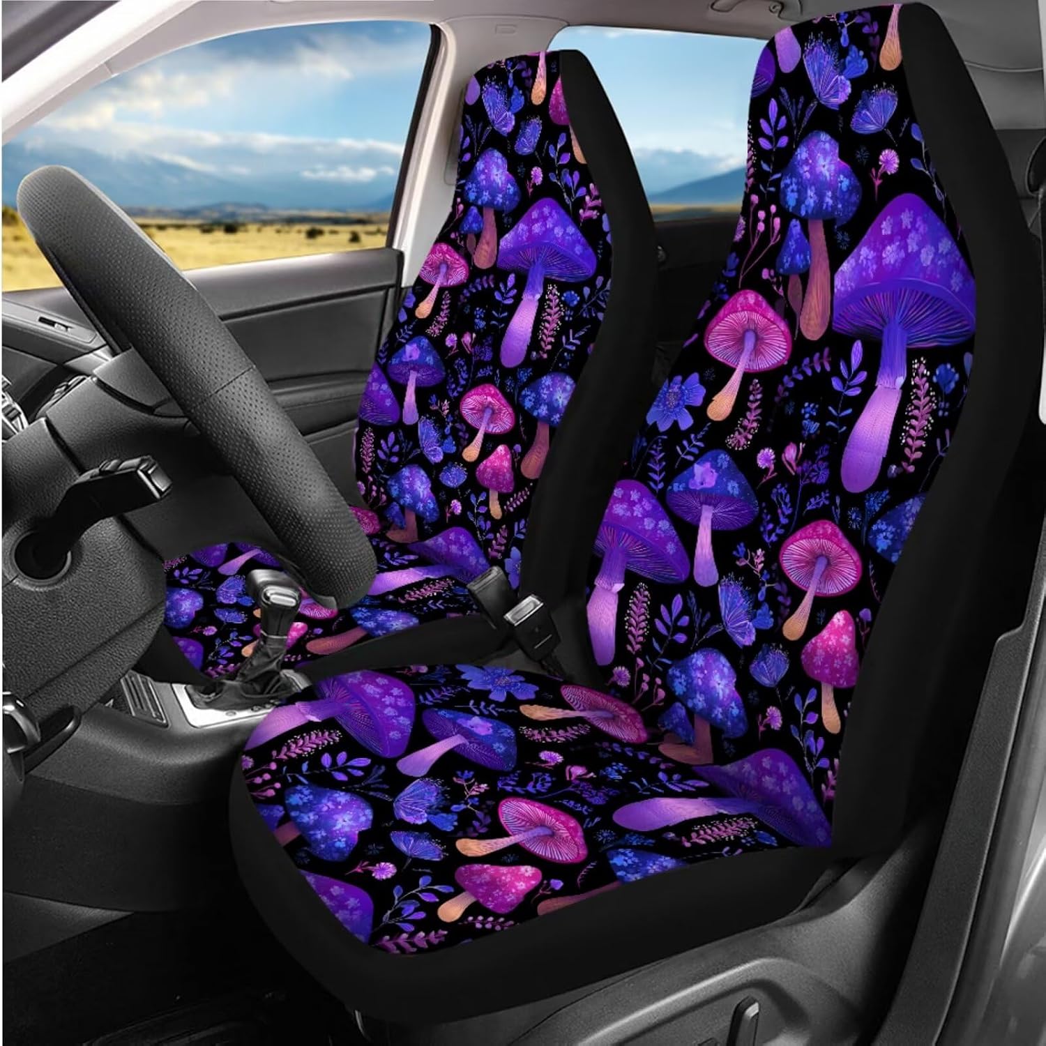 14 Pcs Purple Mushroom Car Seat Covers Full Set with Auto Steering Wheel Cover Armrest Cushion Protector Seat Belt Covers,Rianbow Mushroom Auto Accessories,Universal Fit Cars SUV Trucks