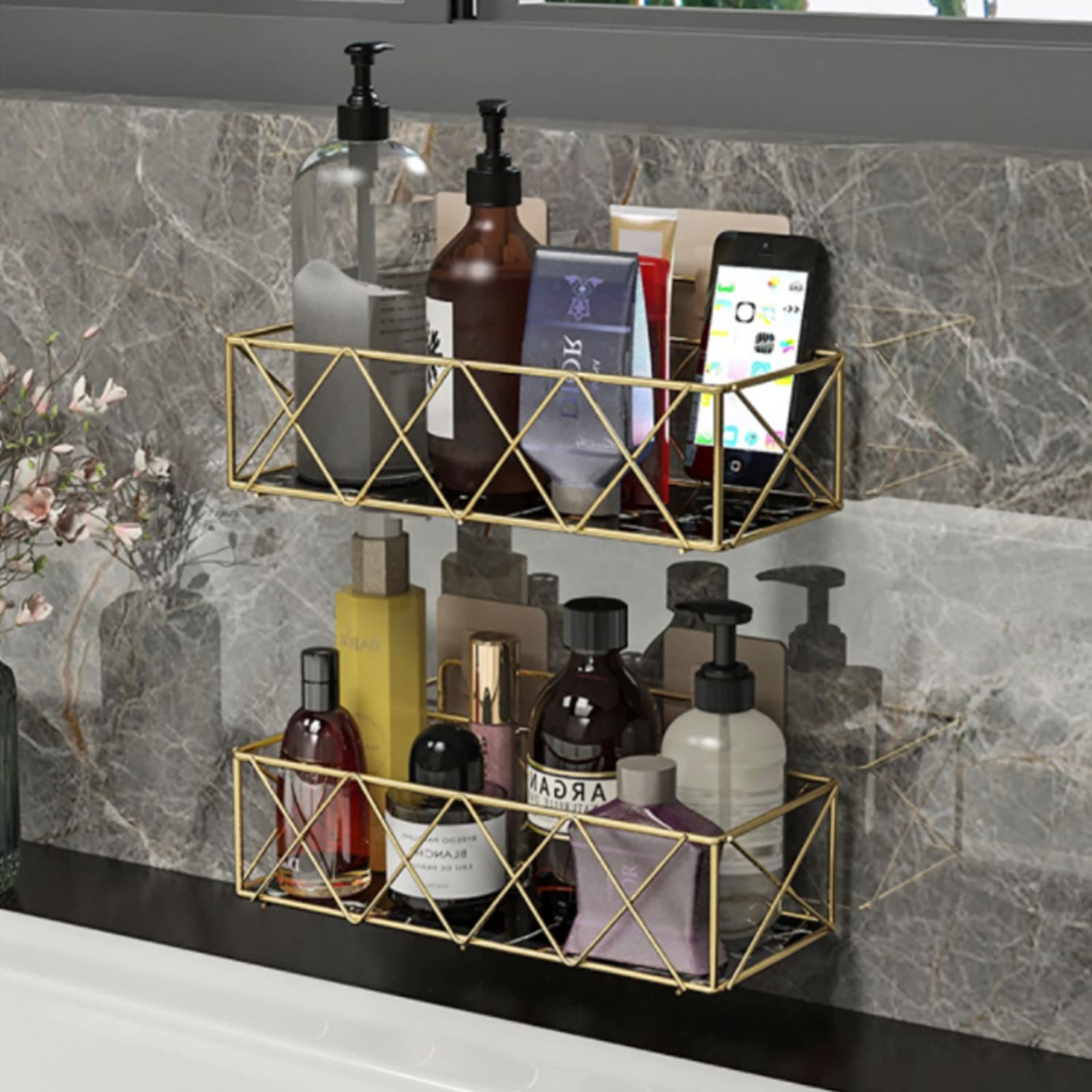 Étagère de salle de bain dorée HOTORI lot de 2 rangements muraux taille L