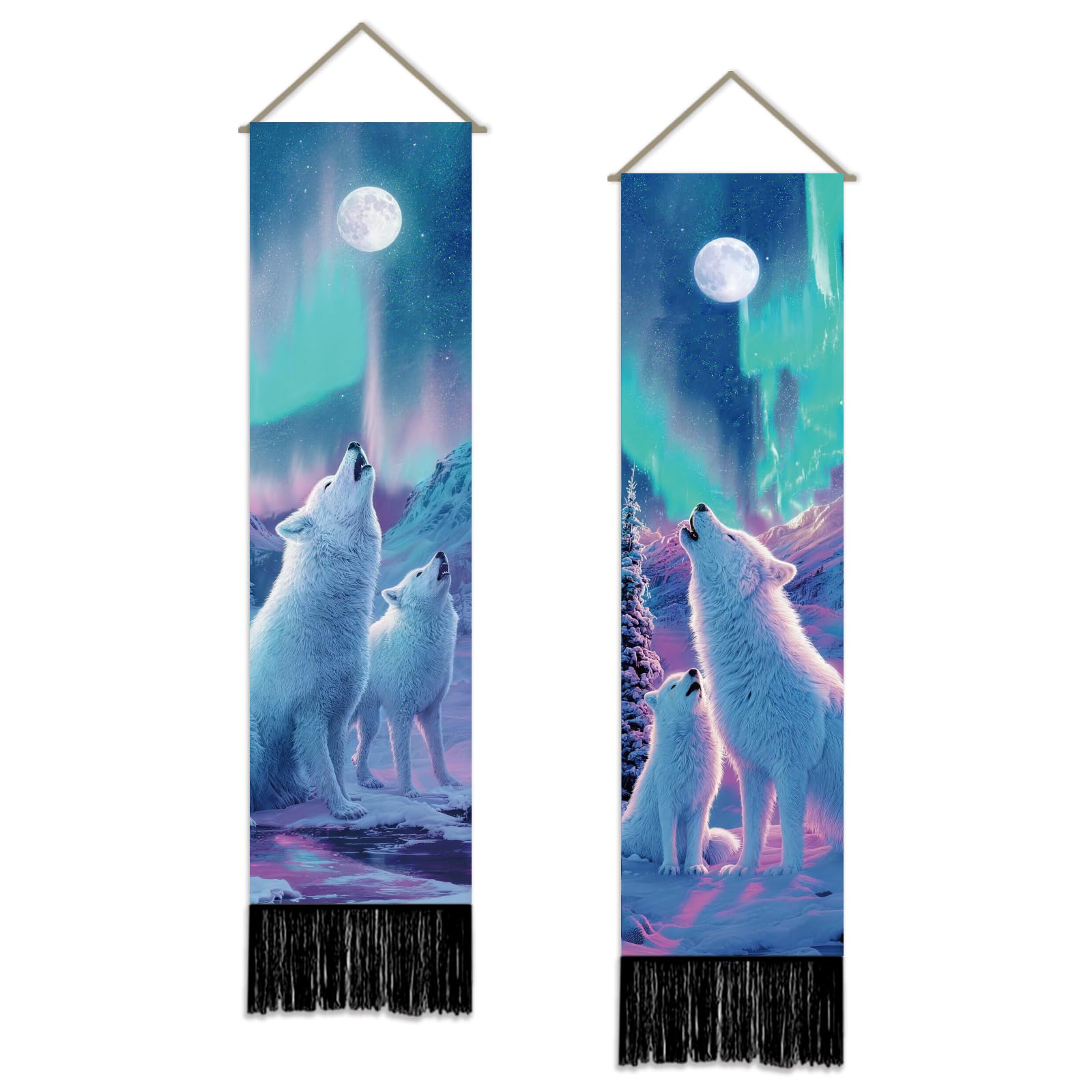 SUPERDANT Cool Wolf Wall Tapestry Set Of 2 Vertical Moon and Forest Wall Art Mystical Fantasy Animals Tapestry With Aurora Decor For Narrow Spaces Apartment Living Room 130x33cm