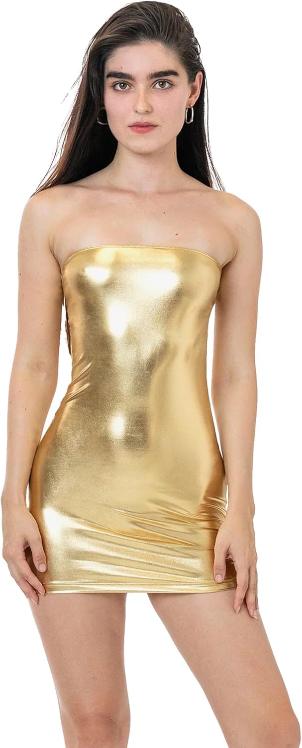 LOS ANGELES APPAREL Womens Shiny Lamé RLA3693 - Mini Tube Dress, Strapless Contoured Fit, Made in USA