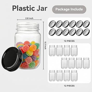 novelinks 16 oz Clear Plastic Jars with Lids and Plastic Mason Jars Lids