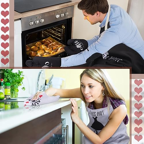 Miniatura 6 de Xtinmee Juego de 7 manoplas de horno y soportes para ollas con delantal de cocina, juego de regalo para parejas, delantales de señor y señora,