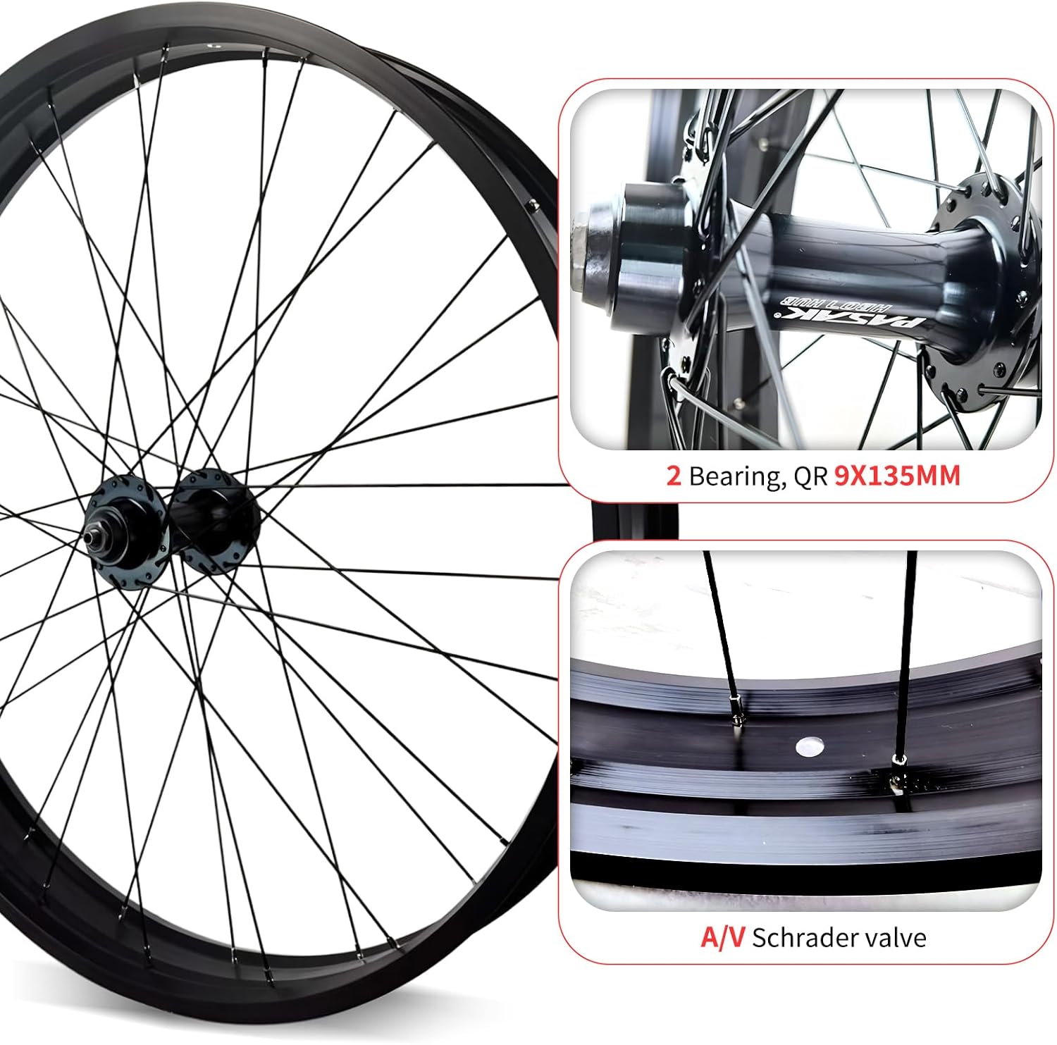 20" Snow Bike Front Wheel 20in X4.0 Fat Bicycles Wheel Quick Release 9x135mm Aluminum Alloy 36H 6 Bolts Disc Brake Hub for E-Bikes/Wide Tire/Beach Bikes(20in)