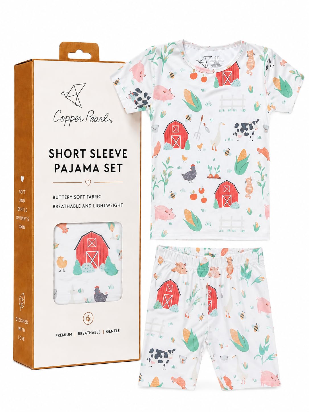 Copper Pearl 2 Piece Pajama Sets, Stylish Short Sleeve Pajamas for Babies Toddlers and Kids, Ultra-Soft Premium Material, 2 Years, Farmstead