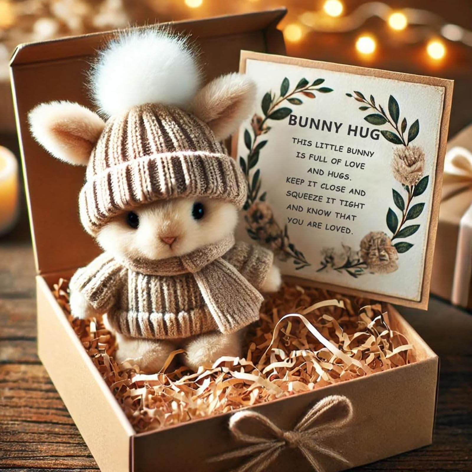 Mini Bunny Hug Cute Easter Gift, Mini Bunny Hug in Box, Emotional Support Positive Crochet Bunny with Inspirational Card, Handmade Plush Pocket Hug Rabbit Doll for Kids Family Friend (1PC-Khaki)