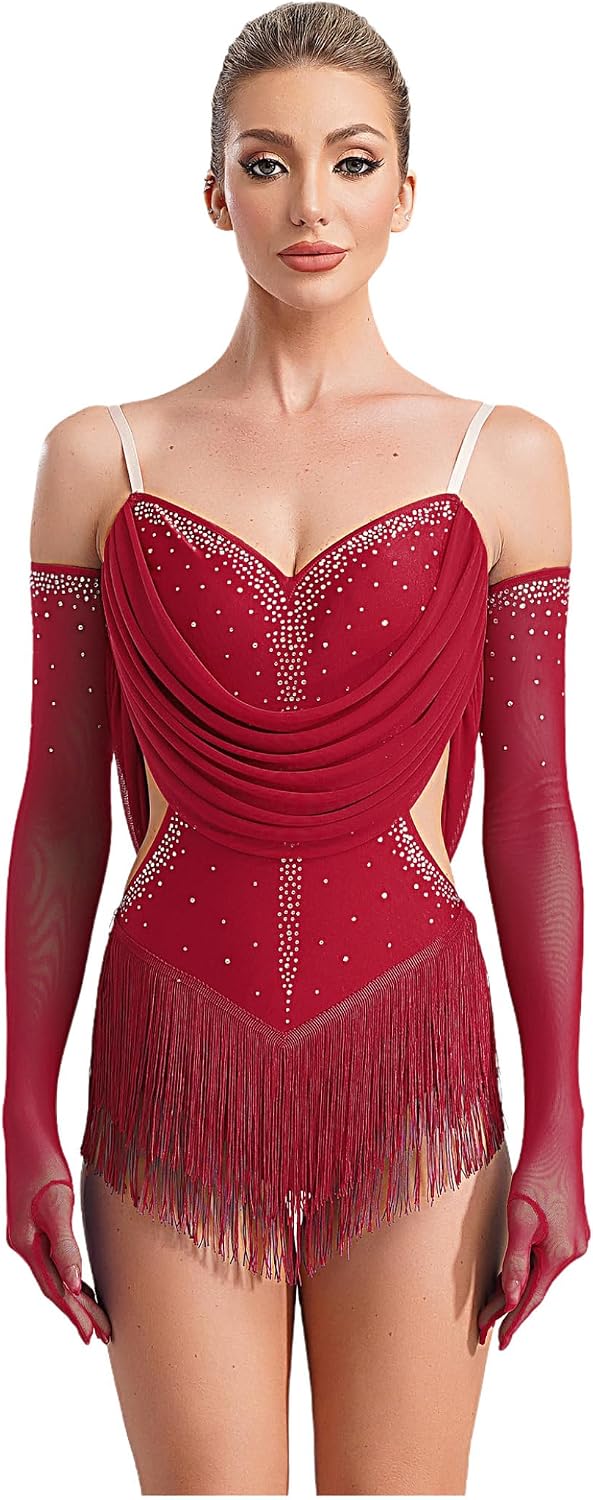 Women Tassel Jazz Latin Dance Dress Glittery Cutout Leotard Bodysuit Salsa Cha-Cha Rumba Performance