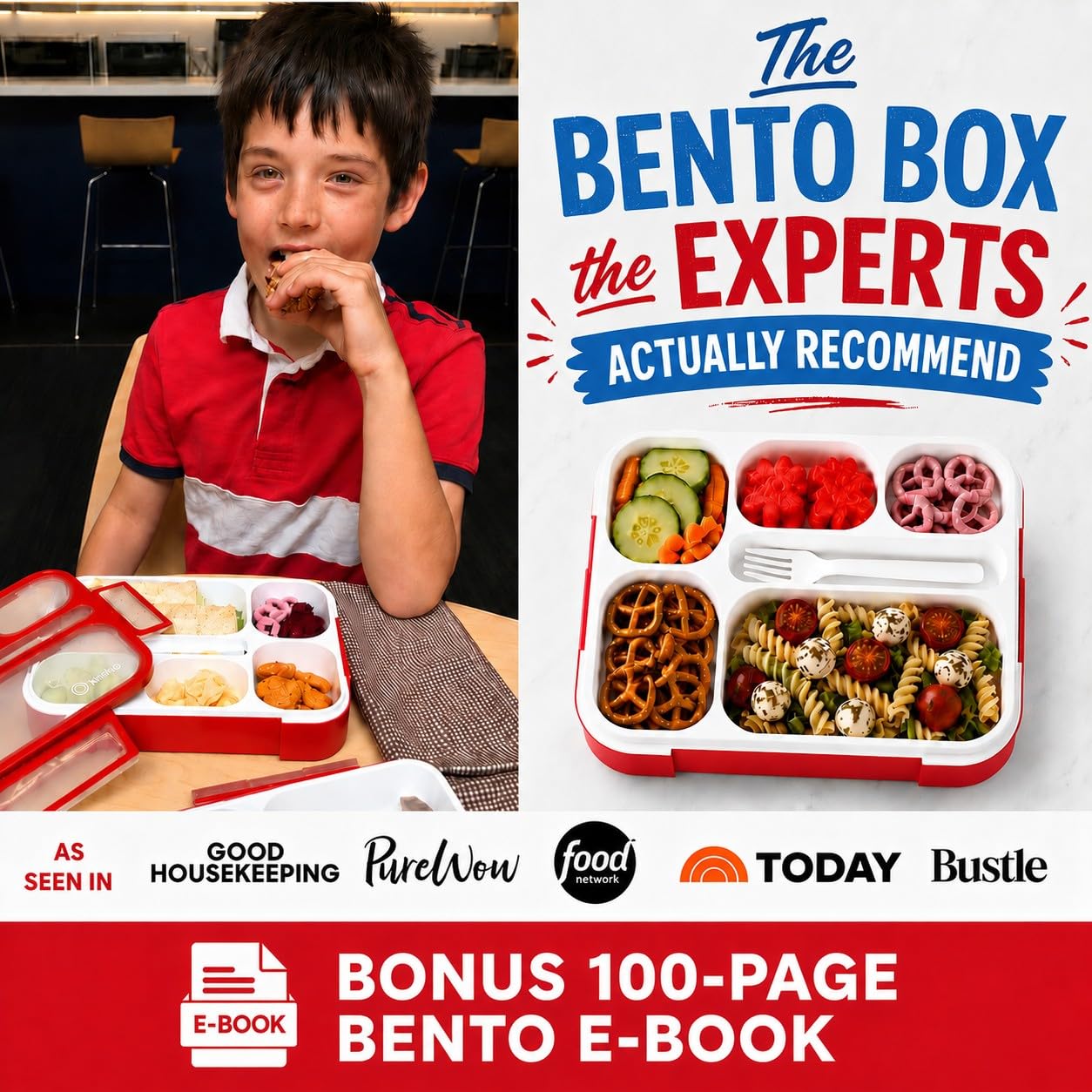 Bento Box pudełko na lunch dla dzieci | pojemniki na przekąski dla dzieci | 6-komorowy pojemnik dla dzieci i dziewcząt i dorosłych, w zestawie naczynia | Czerwony