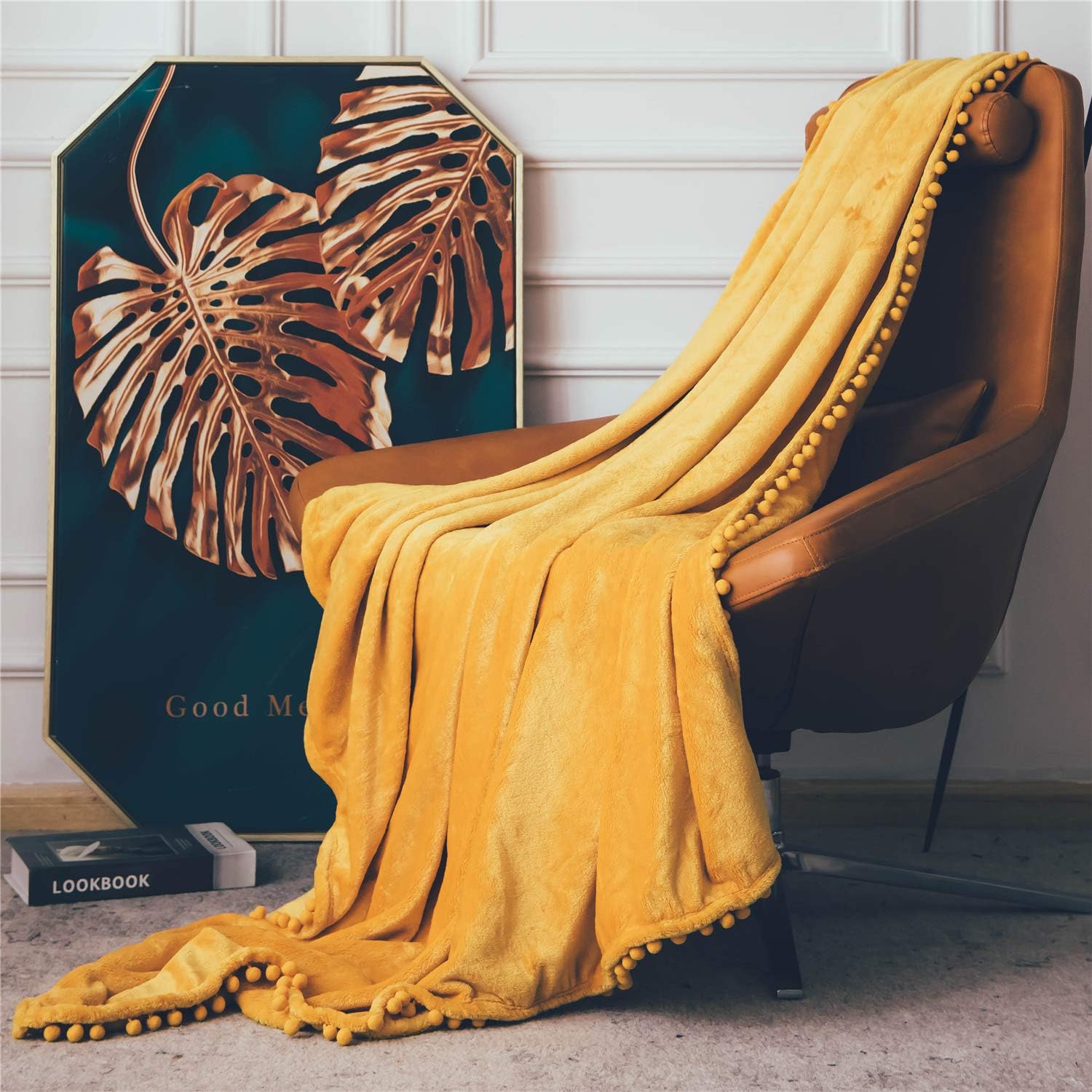 DEZENE Throw Blanket with Pom-poms Yellow: Decorative Soft Fuzzy Fleece Fluffy Plush Flannel Nap Blanket for Couch Sofa Bed 50 x 60 Inch