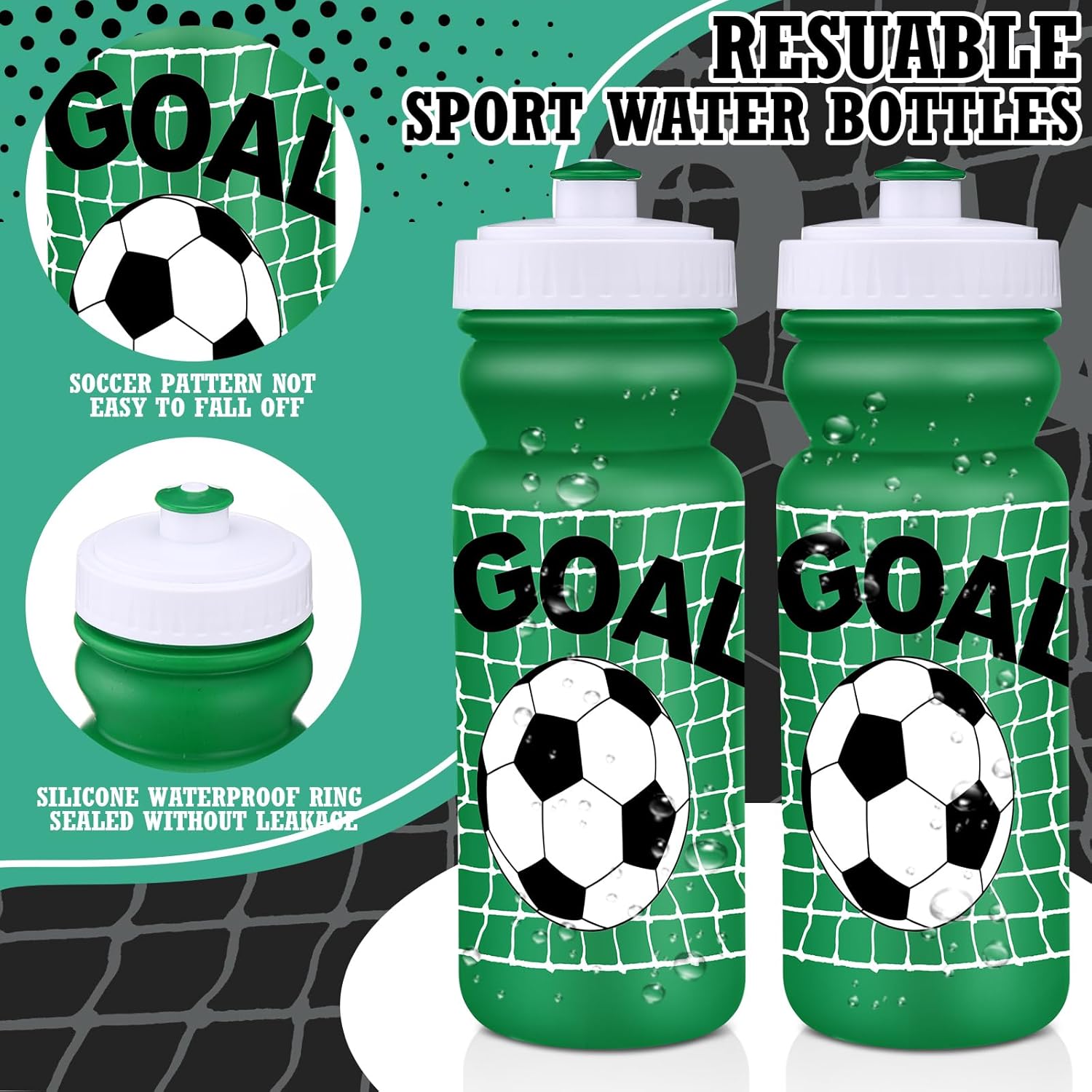 Nitial 12 Pack Water Bottles Bulk 20 oz Reusable Squeeze Water Bottles Plastic Sports Bottle with Pull Top Cap Sports Gifts Tumbler for Travel Gym Sport Party Supplies(Green,Soccer)