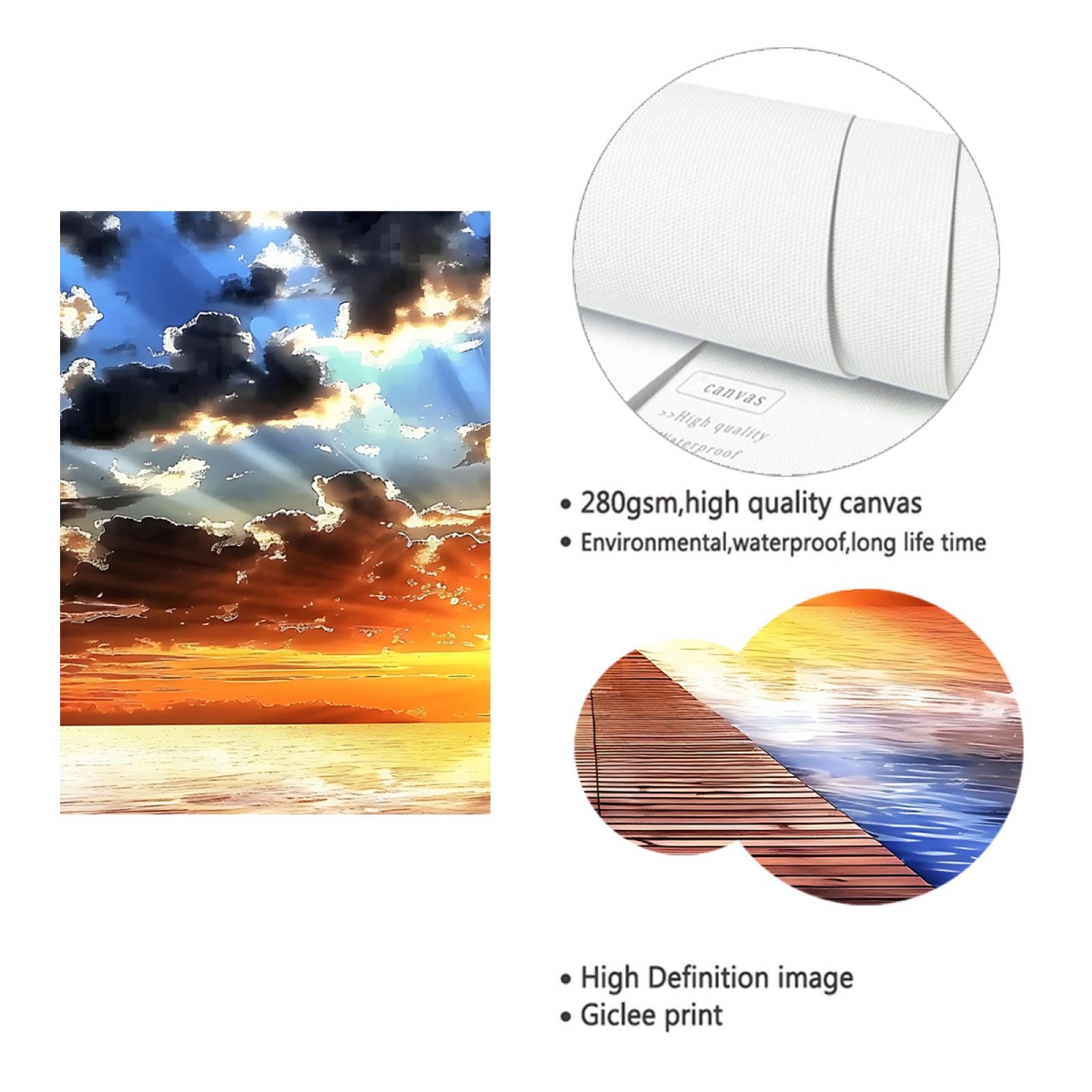 OSHIONARTE Ozean Pier Sonnenaufgang gerahmt Wandkunst Dekor Meer Landschaft Malerei Sonnenuntergang Leinwand Bild für Küche Büro Zuhause Wanddekoration 35x45cm Innenrahmen