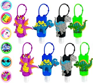KINIA 8 Pack Empty Kids DINOSAUR Hand Sanitizer Travel Size Keychain Carriers, 8-1 fl oz Flip Cap Reusable Portable Empty Bottles (8-Variety Pack DINOSAUR)