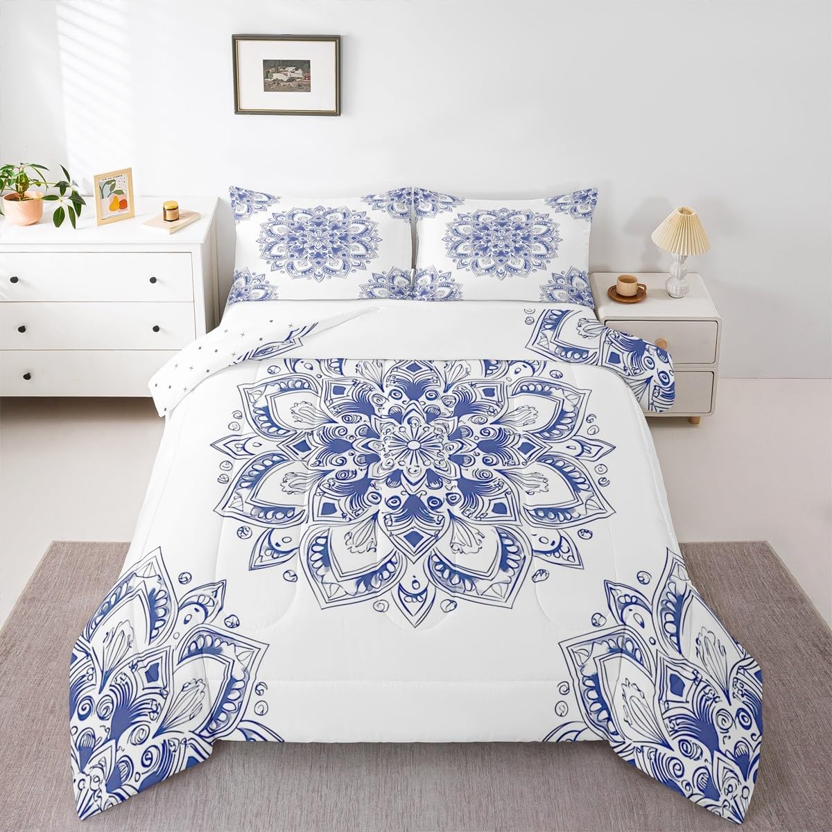 Erosebridal Chic Flower Comforter Twin Aesthetic Mandala Bedding Set, Boho Paisley Bedding Comforter Sets Teal Duvet Set, White Turquoise Bohemian Quilted Comforter for All Seasons 2 Pieces