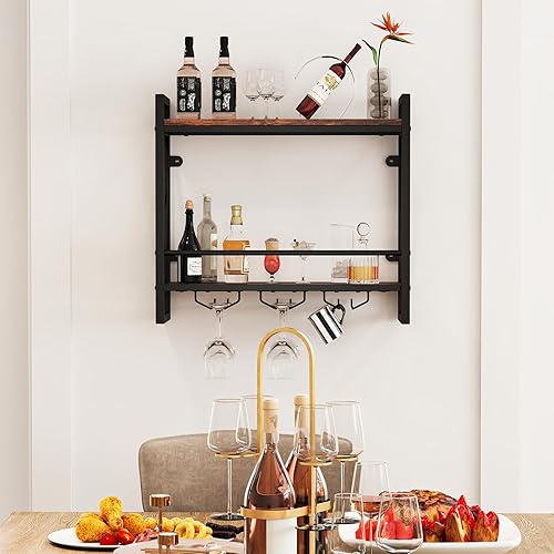 Miniatura 9 de Giantex Estante industrial para vino montado en la pared, estante de metal de 2 niveles para botellas de vino con 14 botellas y soportes para 12