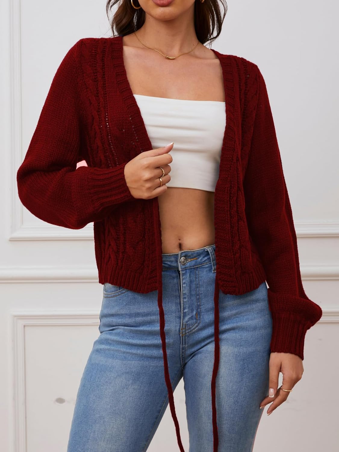 SOLY HUX Cardigan Sweaters for Women Cropped Tie Front Bow Lightweight Cardigan Long Sleeve Trendy Fall Shrugs - Image 3