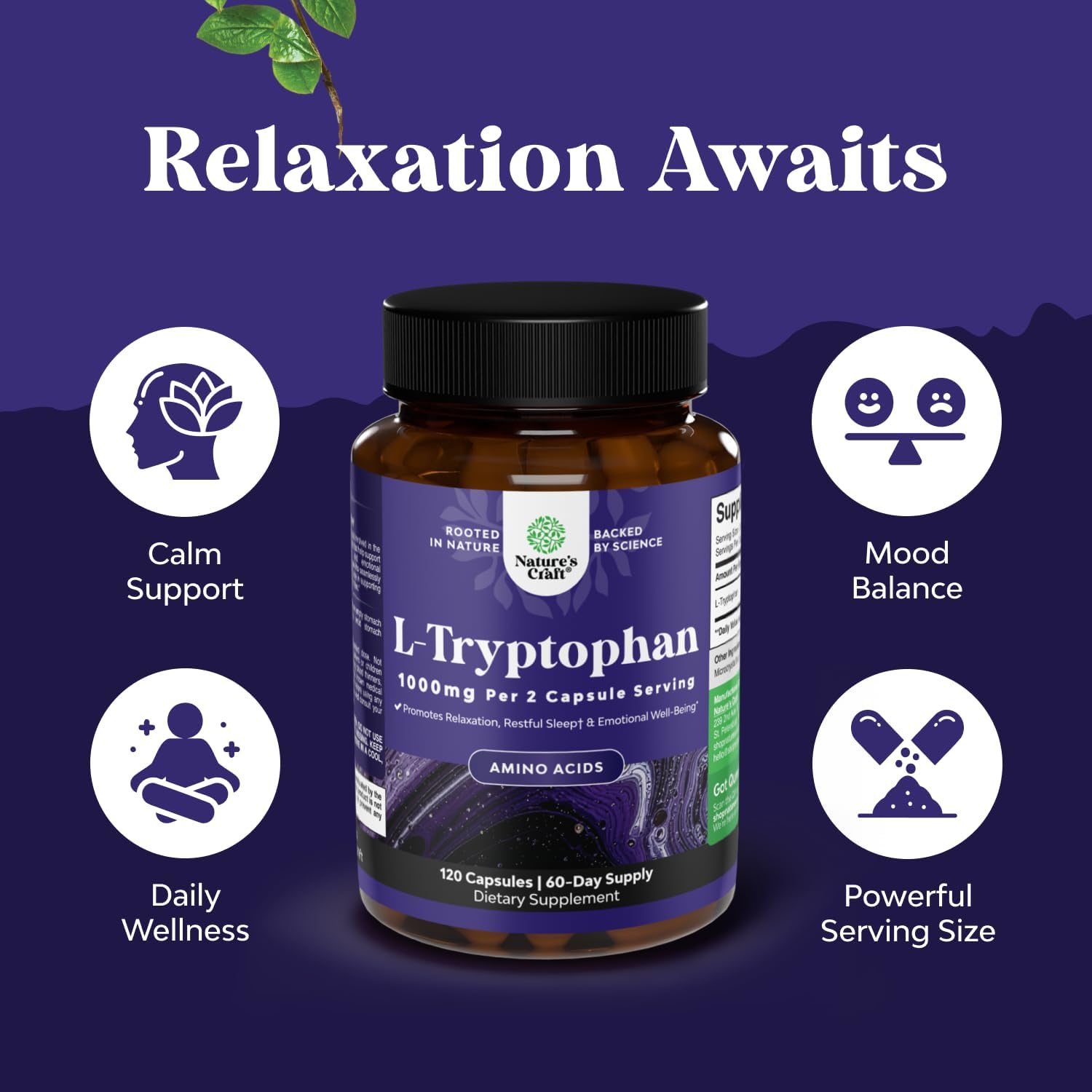 L-Tryptophan Capsules 1000mg per Serving - L-Tryptophan Supplement for Sleep, Promotes Relaxation & Emotional Well-Being for Women & Men - Mood Support Supplement for Adults - 120 Count (2 Pack)