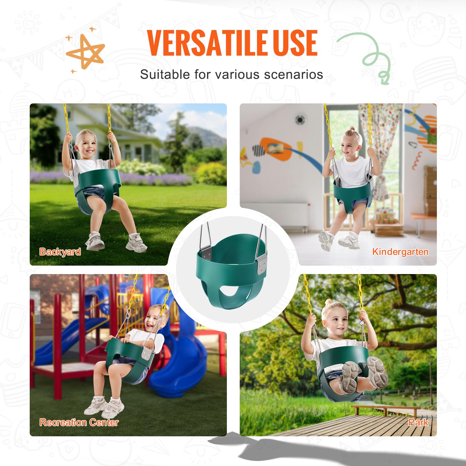 VEVOR Toddler Swing Seat, High Back Full Bucket Baby Swing Seat with Coated Chains and Carabiners, Support 150 lbs Baby Outdoor Swing, Fully Assembled Swing for Toddlers Age 3+, Indoor and Outdoor - Image 5