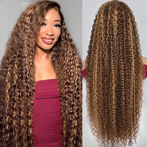 30inch Highlight Ombre Lace Front Wig Human Hair 13x6 HD Honey Blonde 4/27 Deep Wave Lace Front Wigs Human Hair 200 Density Glueless Wigs Human Hair Pre Plucked