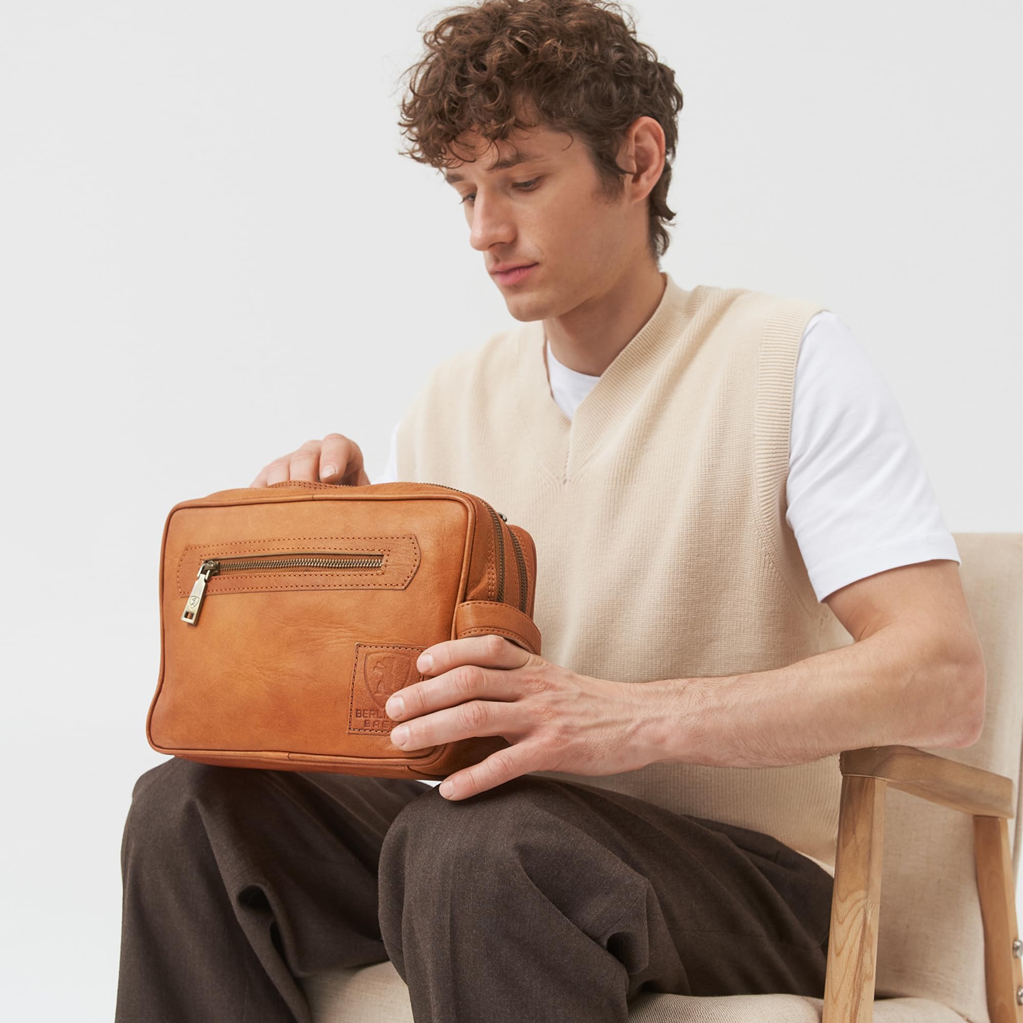 Berliner Bags Borsa da Toilette Paul in Pelle Trucco Cosmetico Donna Uomini Viaggio Marrone Vintage