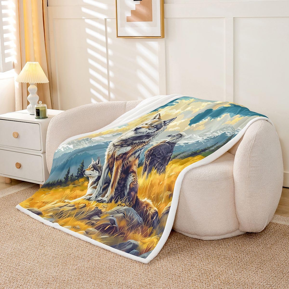 Castle Fairy Wildlife Animals Throw Blanket for Kids,Natural Landscape Fleece Throw Blanket for Bedroom Sofa Dorm Decor,Wolf Eagle Lightweight Bed Blankets,40 x 50 Inches image 5