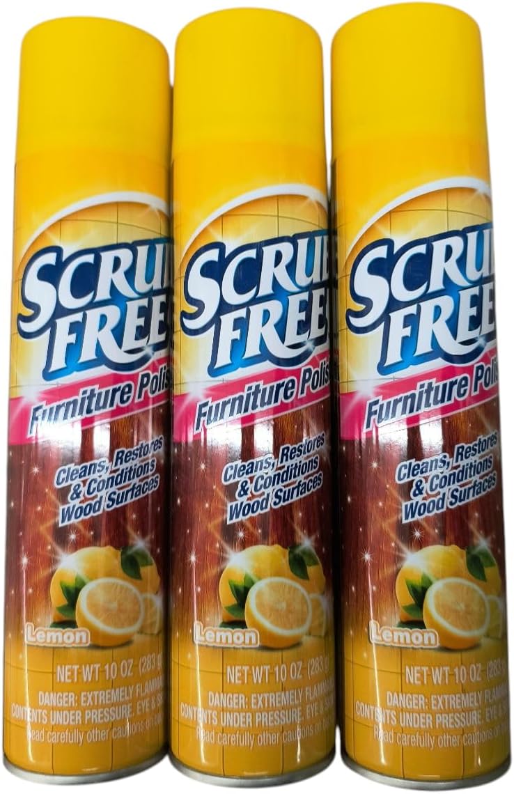 Scru Free Furniture Polish, Lemon Scent, Wood Surface Cleaner, Restorer and Conditioner, 10 oz Aerosol Spray Can, Pack of 3