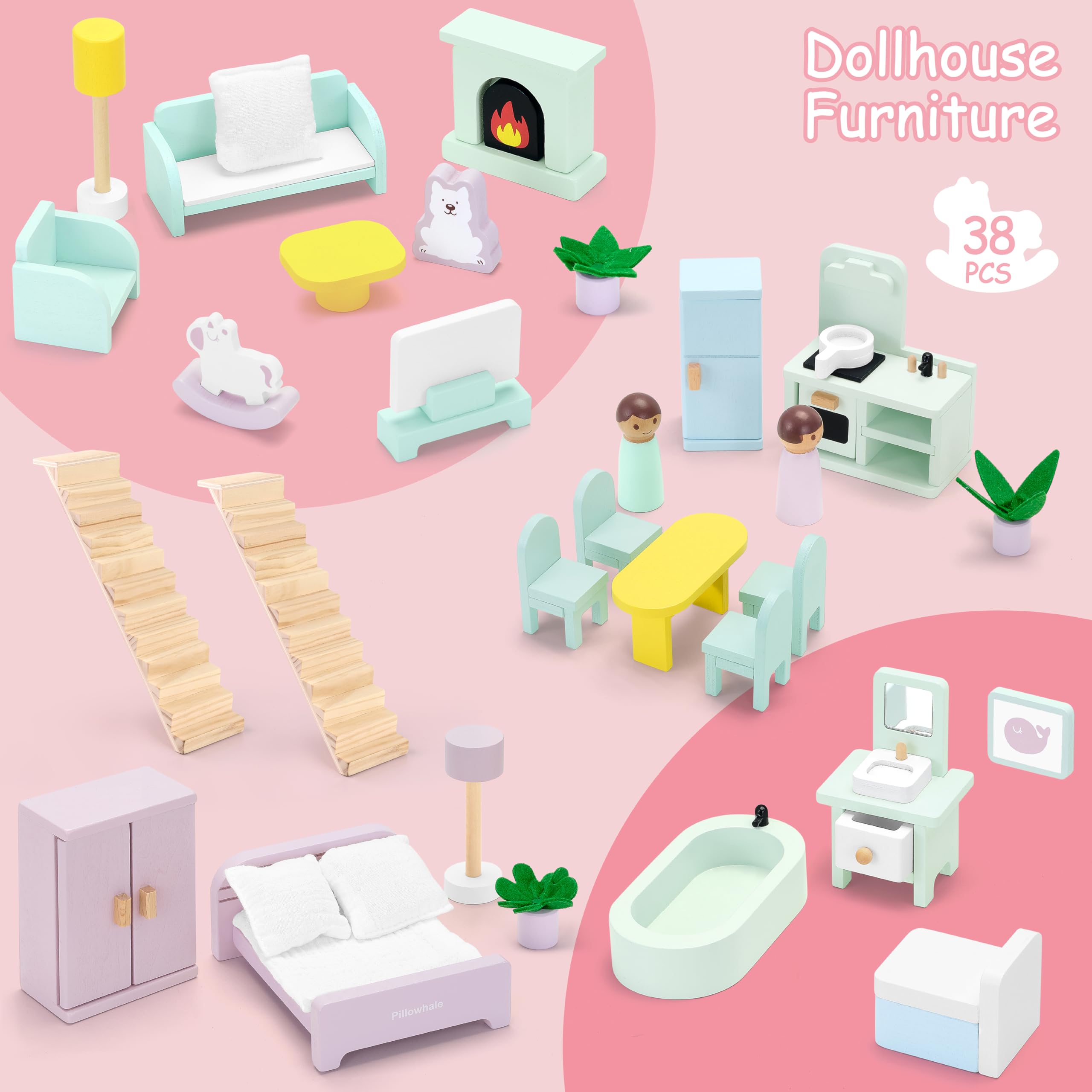 Amazon | Pillowhale 大型ピンク木製ドールハウス – 7部屋の3階