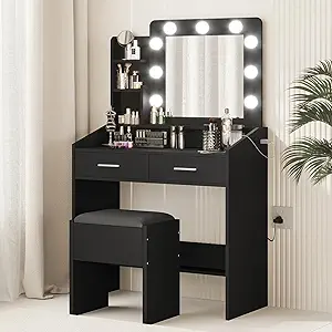 GarveeHome Vanity Desk with Mirror and Lights, Makeup Vanity with Power Outlet & Cushioned Stool, 3 Lighting Modes Adjustable Brightness, Dressing Table with Hairdryer Holder for Bedroom, Black
