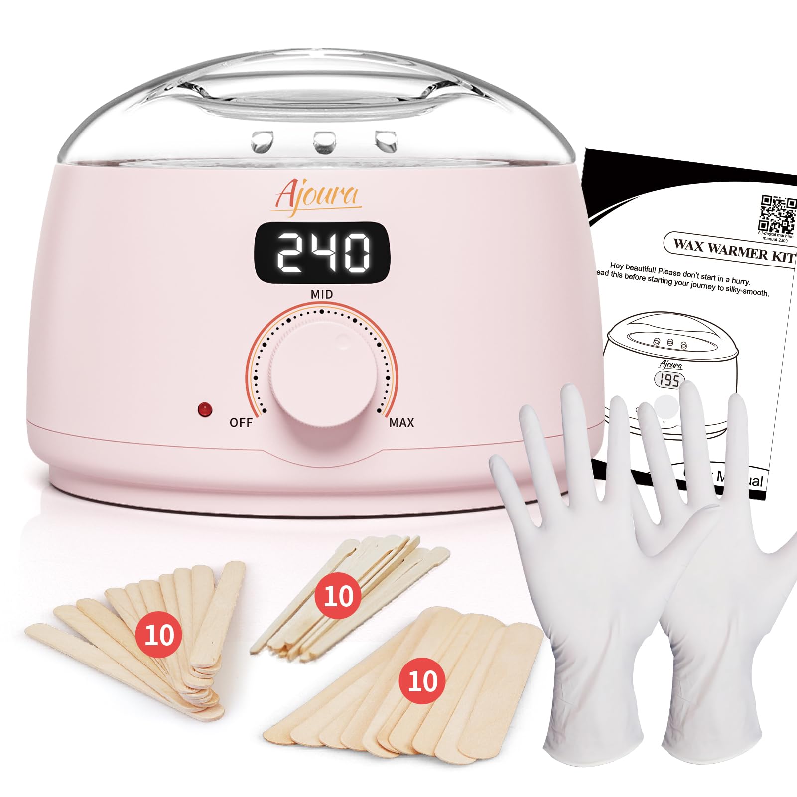 Ajoura Digital Wax Warmer, 10 minutes Quick-Heat Hair Removal Kit with Precision Temp. Control, Wax Heater including 30 Waxing Sticks & 2 Pairs of Gloves, Ideal Home & Salon Use for Whole Body