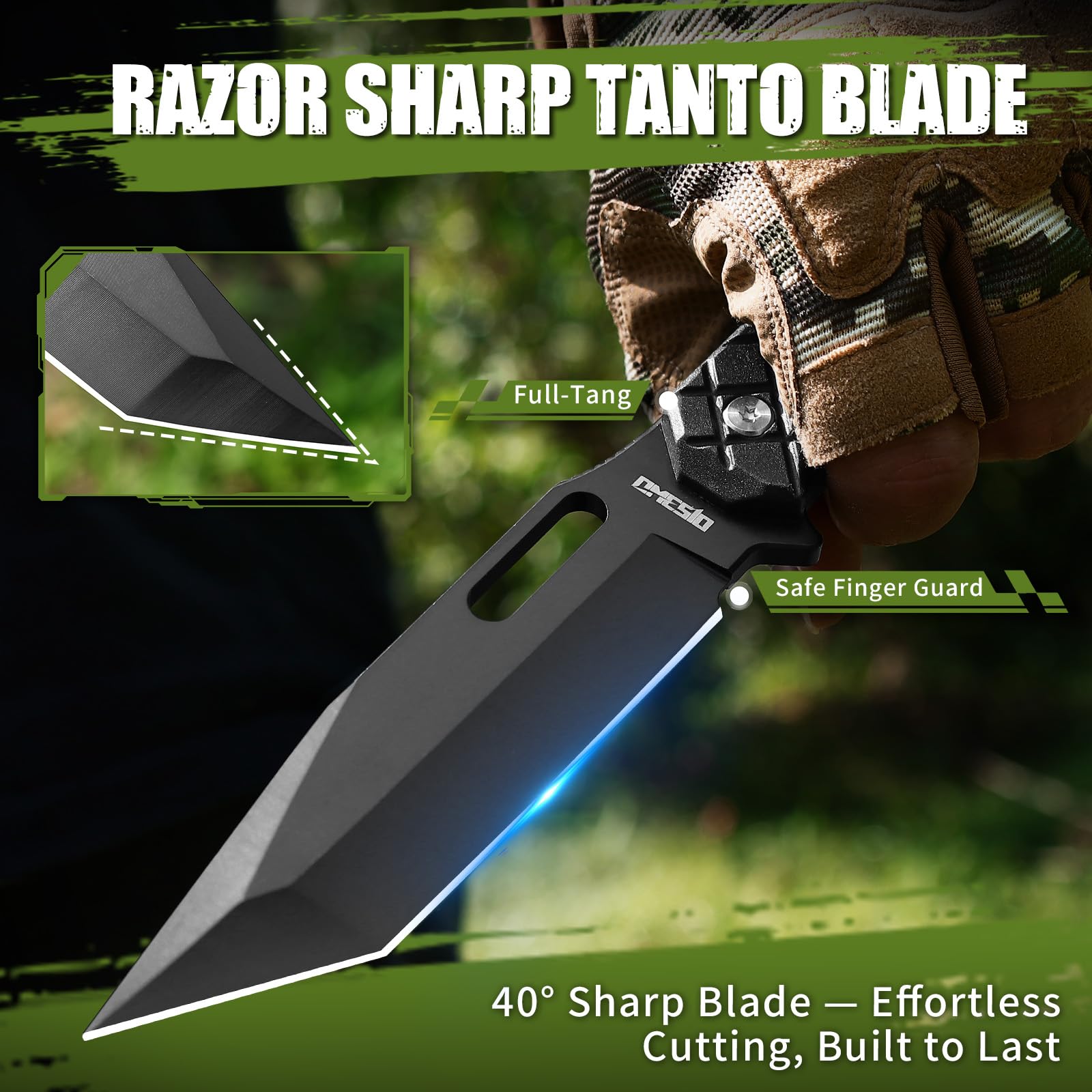 Omesio L-PJ21 Cuchillo de Supervivencia Full Tang con Funda Kydex, Acero 5CR13MOV, Pedernal y Paracord, Cuchillo Bushcraft Fijo para Camping, Senderismo, Caza y Outdoor