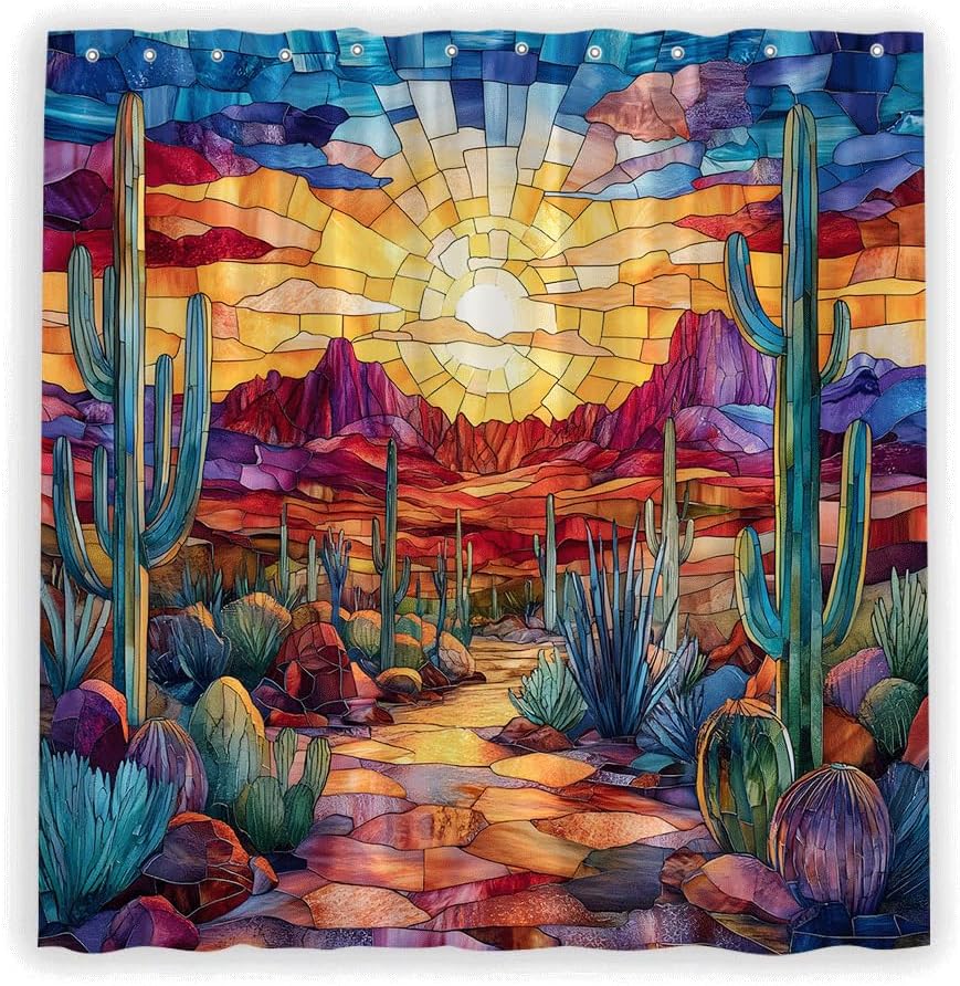 Colorful Southwestern Shower Curtain Abstract Desert Sun Cactus Artistic Stained-Glass Design Beautiful Boho Outdoor Western Landscape Bathroom Decor Fabric Curtain with Hooks