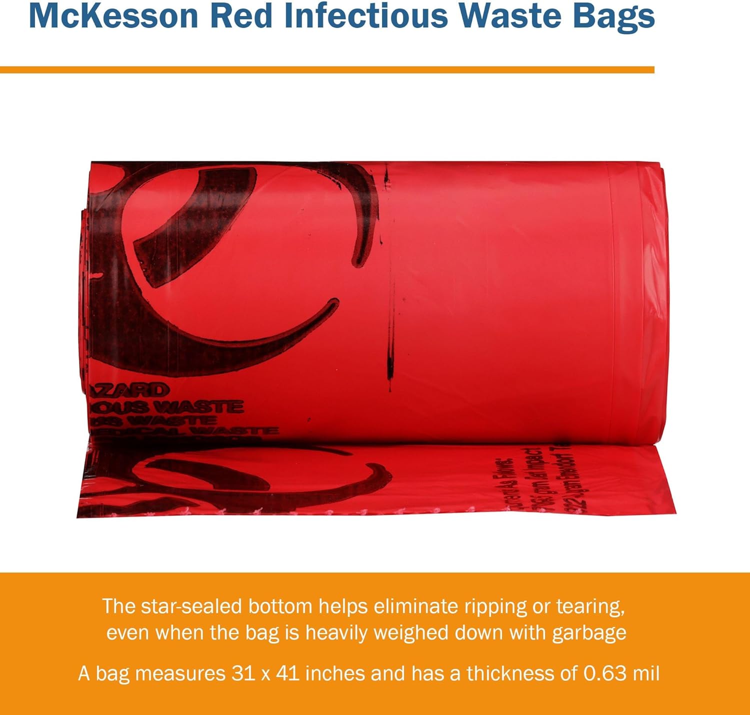 McKesson Infectious Waste Bags - Star-Sealed Bottom, 0.63 mil - Red, 30 gal - 33 gal Capacity, 31 in x 41 in, 250 Count