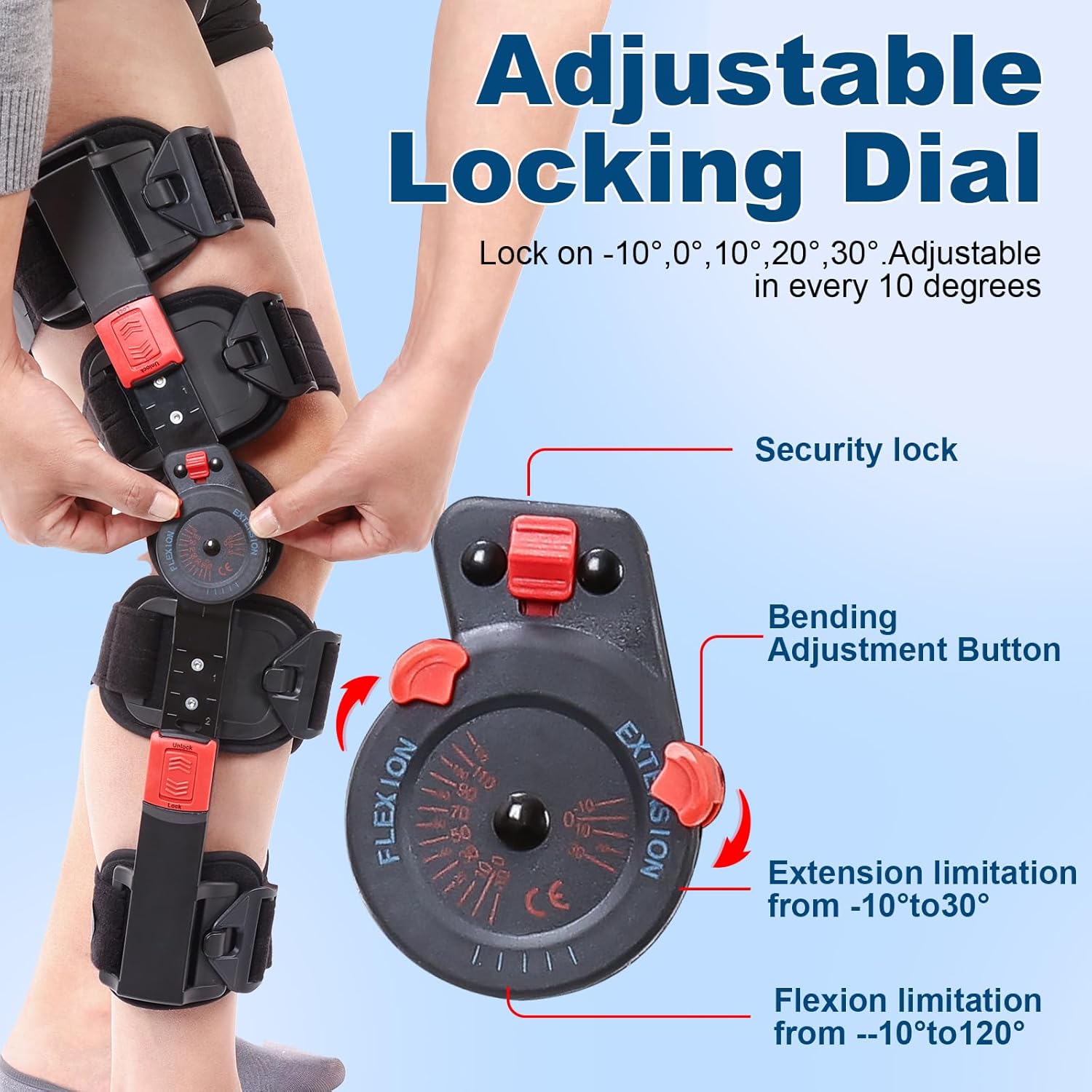 Hinged ROM Knee Brace with Side Stabilizers, Adjustable Post Op Knee Support Orthosis Immobilizer for ACL, PCL and MCL Injury, Medical Knee Orthopedic Support, Leg Stabilizer for Left or Right Leg, Men and Women (Red) - Image 2