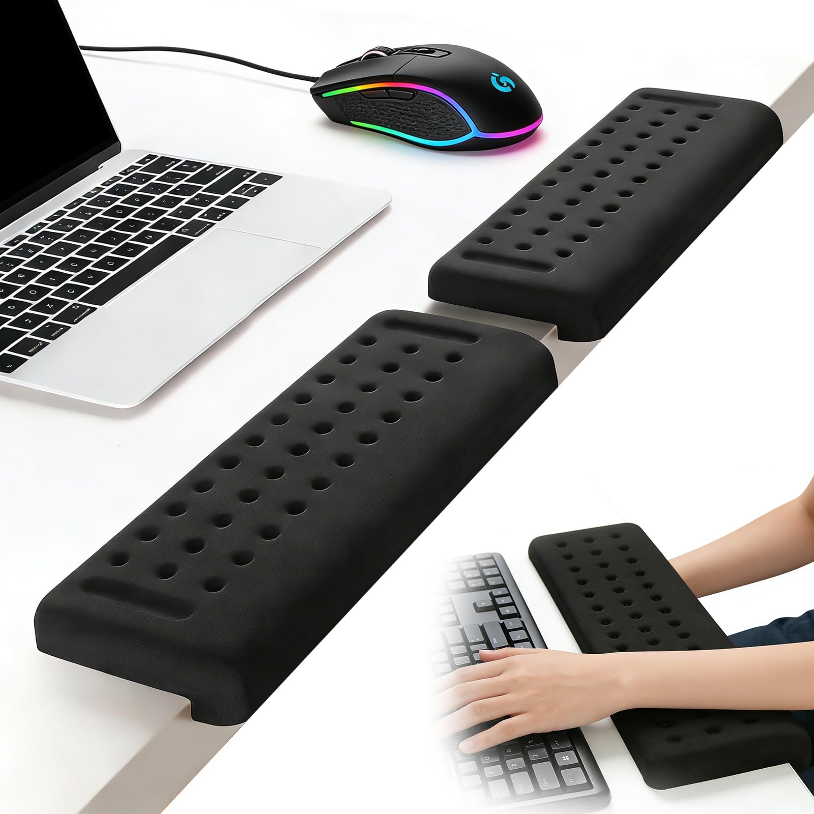 Poggiapolsi Tastiera a Forma di L 2 Pezzi, Poggiagomiti da Scrivania, Supporto Polsi per Lavoro o Gioco (Nero)