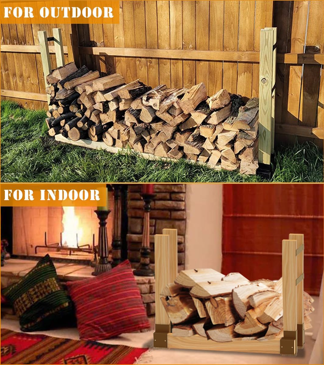 Outdoor Firewood Rack Brackets Kit for Fire Wood Pile Storage, Adjustable log stacking Stand Holder for 2x4 lumber, Brown, Set of 2