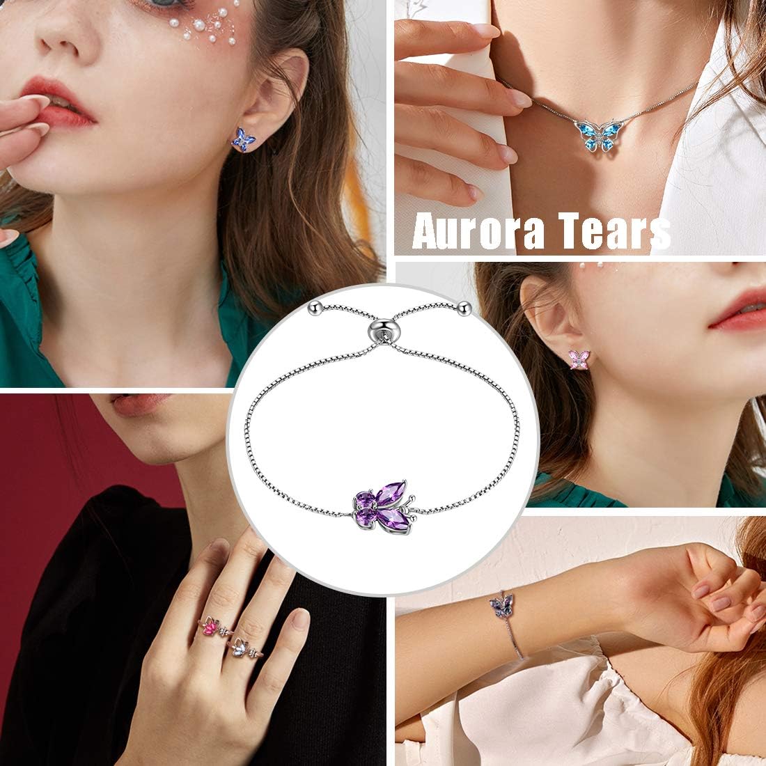 Aurora Tears Butterfly Jewelry,Women 925 Sterling Silver Butterflies Birthstone Pendant Necklace/Earrings/Rings Wedding Gift - Image 2