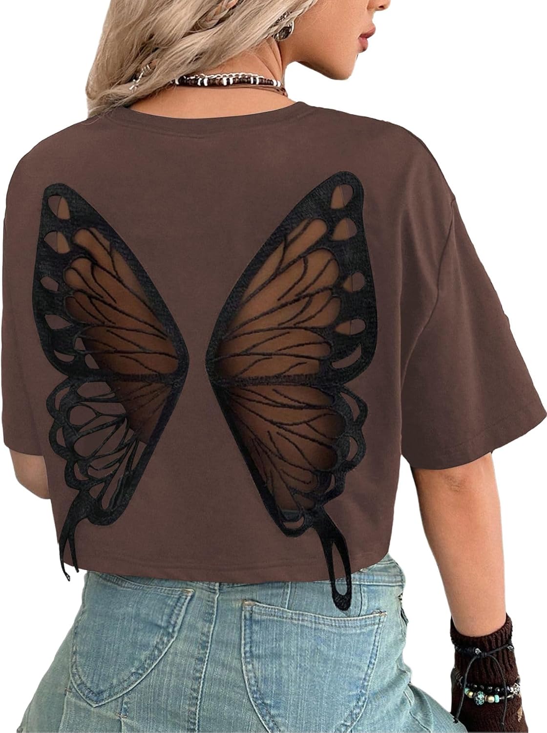 Verdusa Women's Gothic Butterfly Emo T Shirts Goth Witchy Fairy Crop Tops Grunge Alternative Clothes