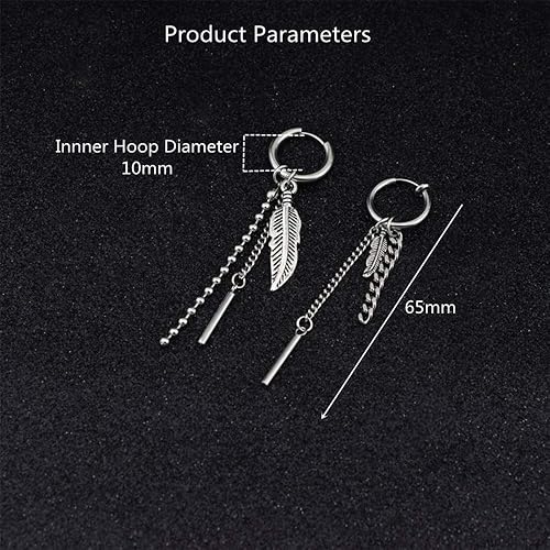 Miniatura 5 de Aretes colgantes de acero inoxidable con cadena de plumas punk, para mujeres y hombres, de acero inoxidable, asimétricos, vintage, con cuentas
