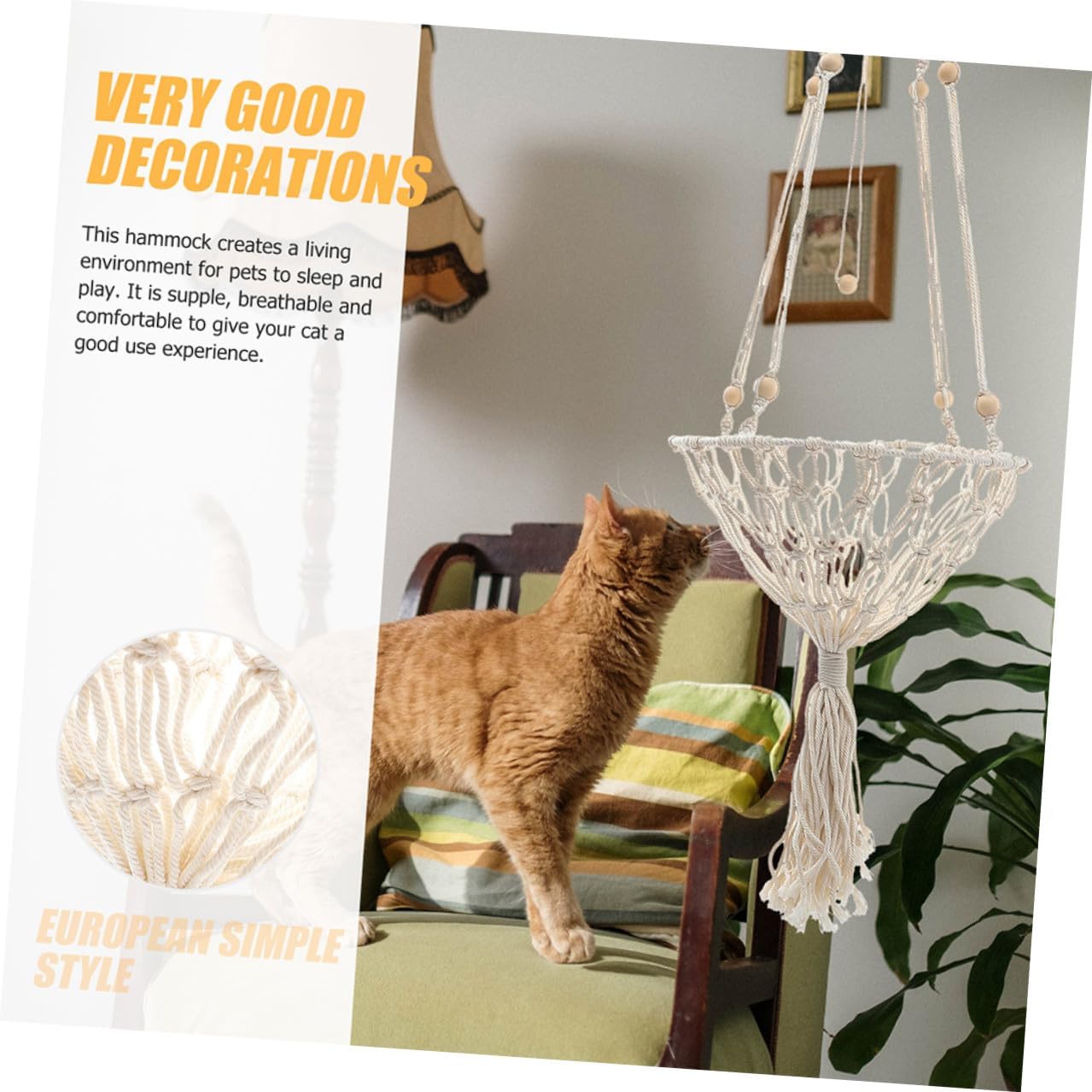 Boho Woven Hanging Cat Hammock Bed Wear-Resistant 40cm Pet Nest for Indoor Cats to 30 Lbs for Household Kitten Supply