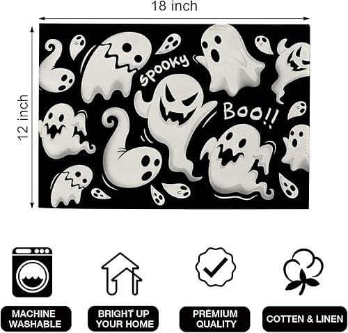 Miniatura 2 de Seliem Juego de 4 manteles individuales de fantasmas espeluznantes de Halloween, divertidos manteles individuales negros para mesa de comedor,