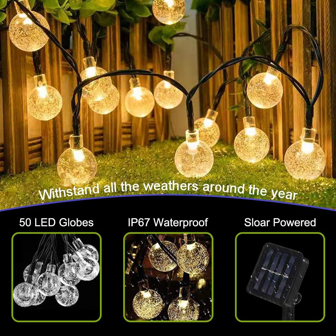 Cosumina Outdoors Globe Solar String Lights 23ft 50 LED Outdoor Bulb String Lights,Waterproof 8 Modes Solar Patio Lights for Patio, Garden, Gazebo, Yard