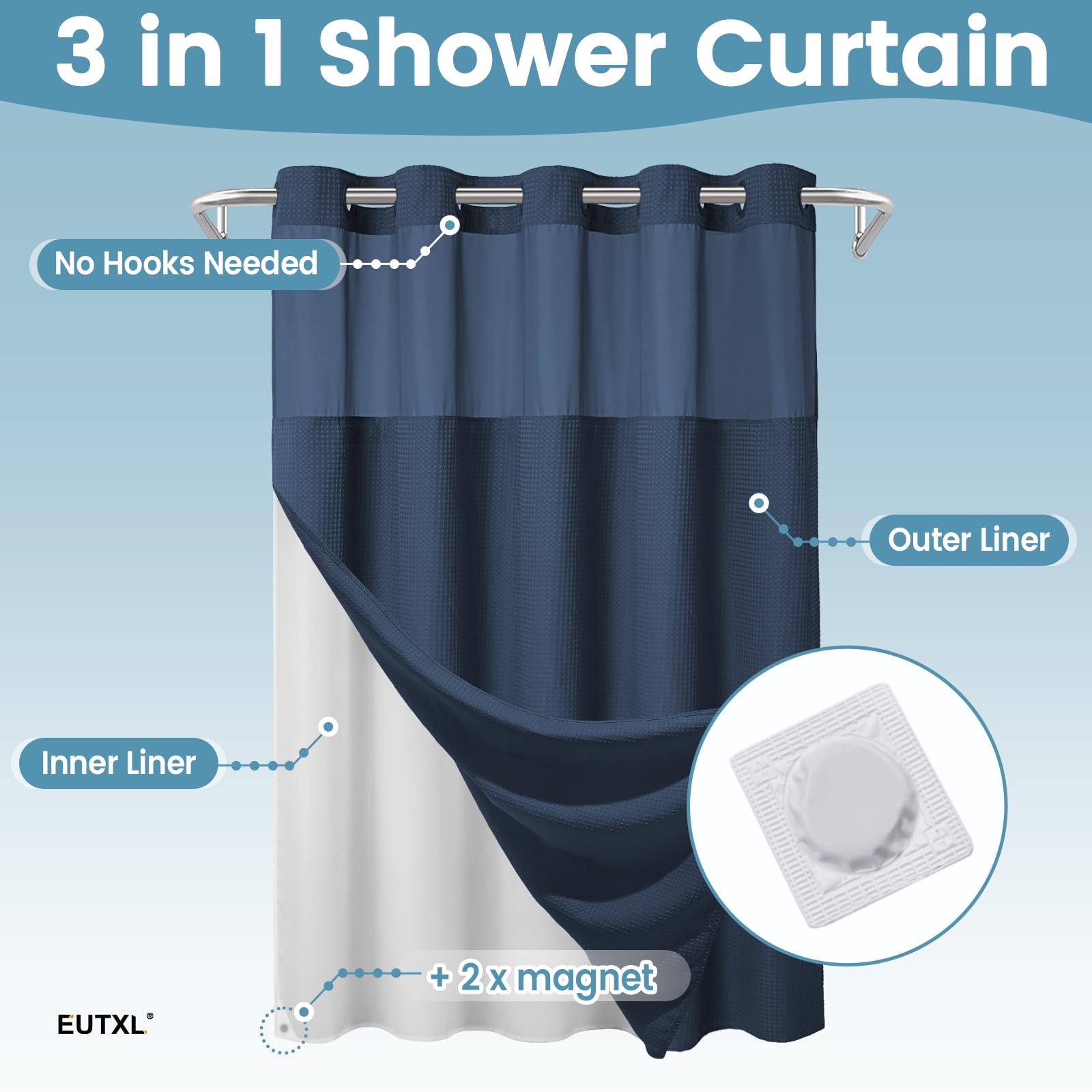 EUTXL Rideau de Douche sans Crochet avec Doublure à Clipser – 230 g/m² – Rideau de Douche à Tissage gaufré pour Salle de Bain – Bleu Marine – 180 x 188 cm (l x H)