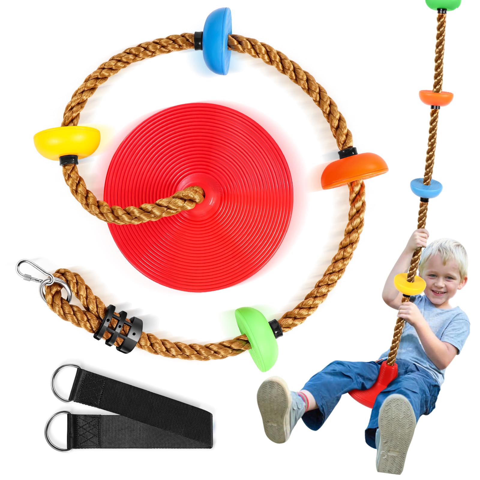 Climbing Rope Tree Swing with Platforms and Swing Seat Outdoor Playground Accessories for Kids Including Hanging Strap & Carabiner