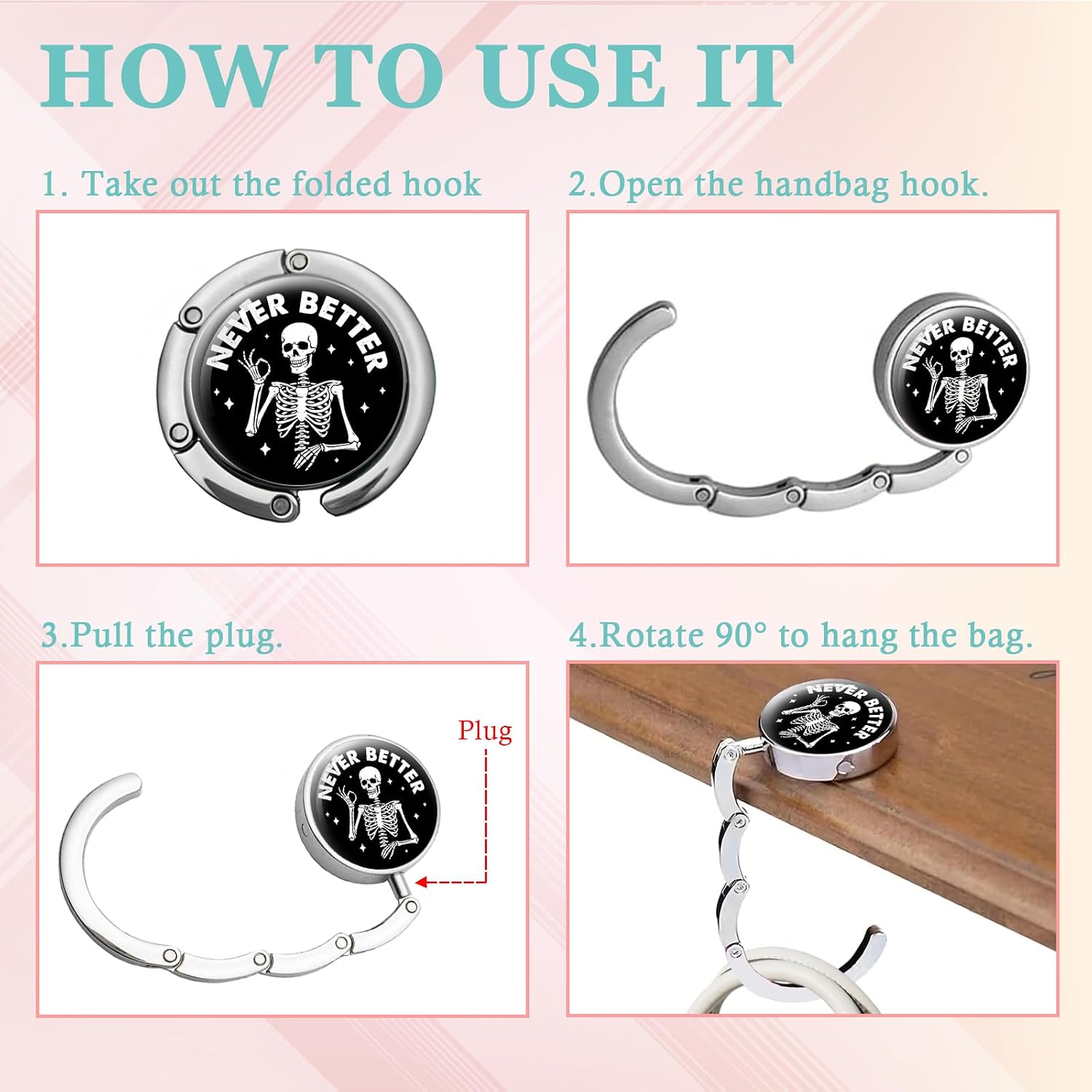 Funny Skeleton Skull Foldable Purse Hook, Never Better Handbag Hanger Holder, Round Purse Table Hook Bag Hanger Hook, Funny Desk Accessories Gifts for Women Colleague Boss Lady Office Work
