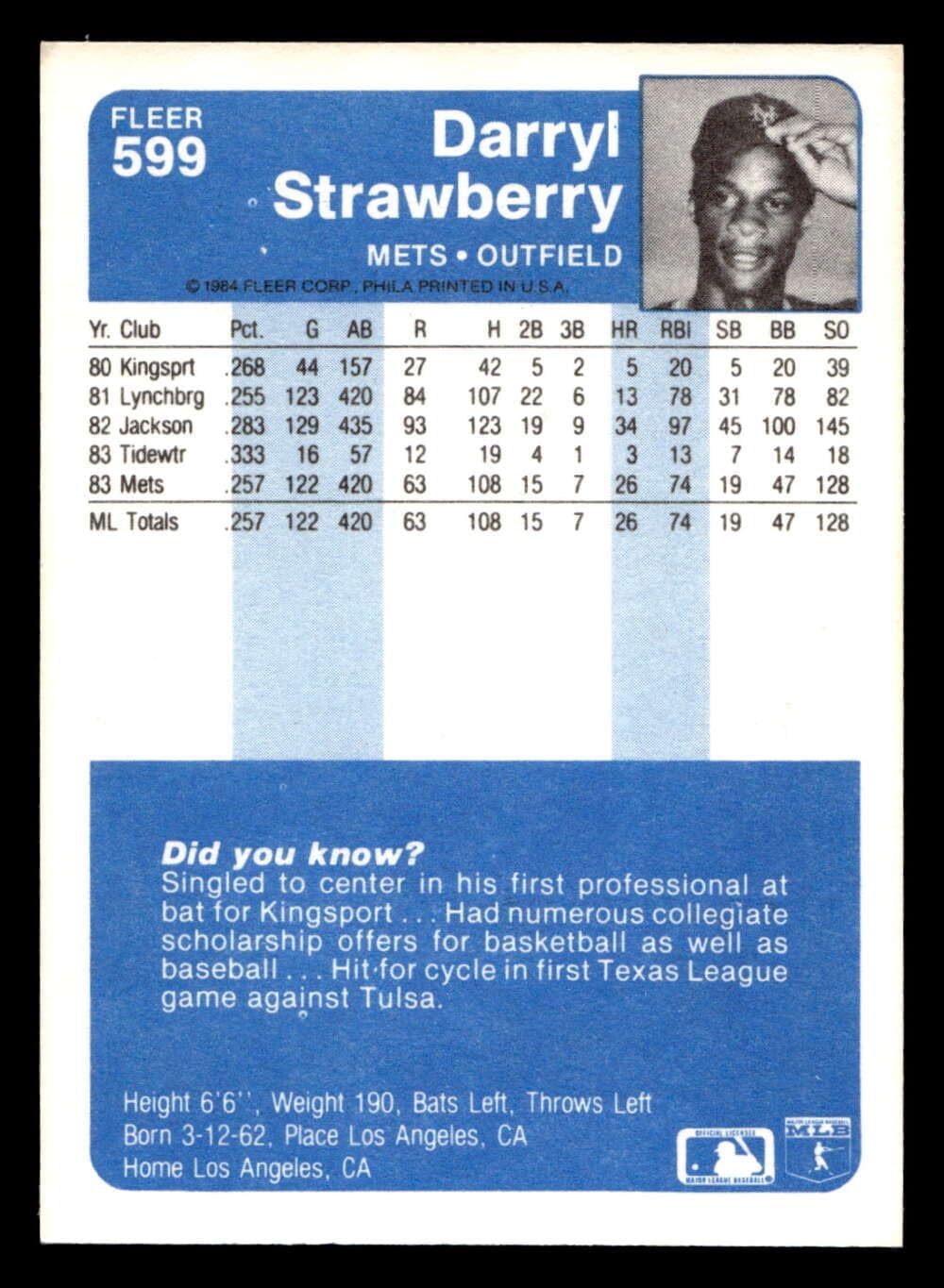 Baseball MLB 1984 Fleer #599 Darryl Strawberry Near Mint RC Rookie Mets