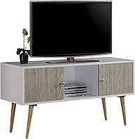 Vista 1 de Hodedah Soporte de TV de estilo retro con dos puertas de almacenamiento y patas de madera maciza, color blanco