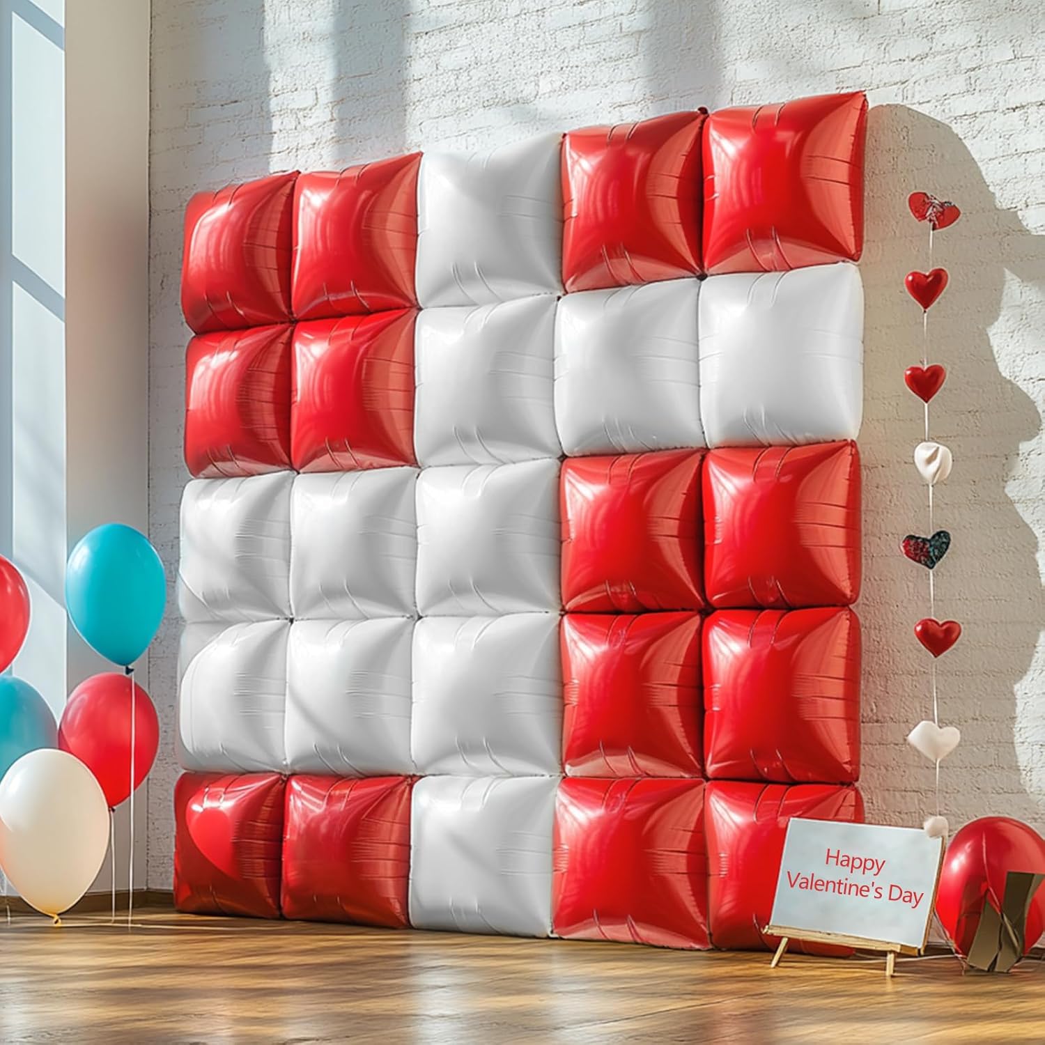 NISOCY 48PCS Red White Square Foil Balloons Wall Backdrop Double Sided Red Pearl White Balloons Arch Kit for Birthday Wedding Bridal Shower Valentine Anniversary Party Decorations