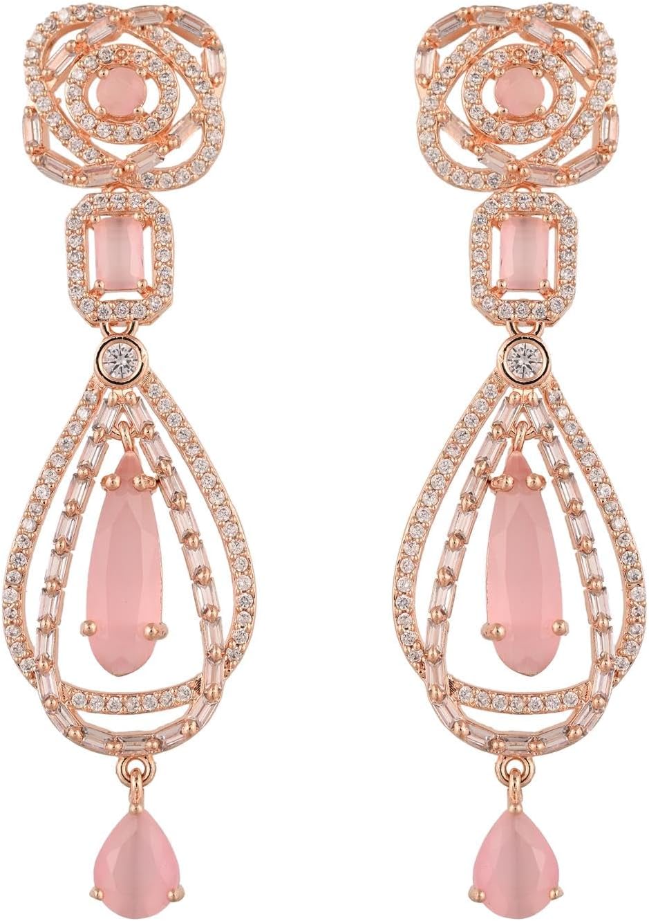 Ratnavali Jewels Rose Gold Plated Cubic Zirconia Dangle Drop Long Earrings For Women Statement Jewelry Wedding Brides
